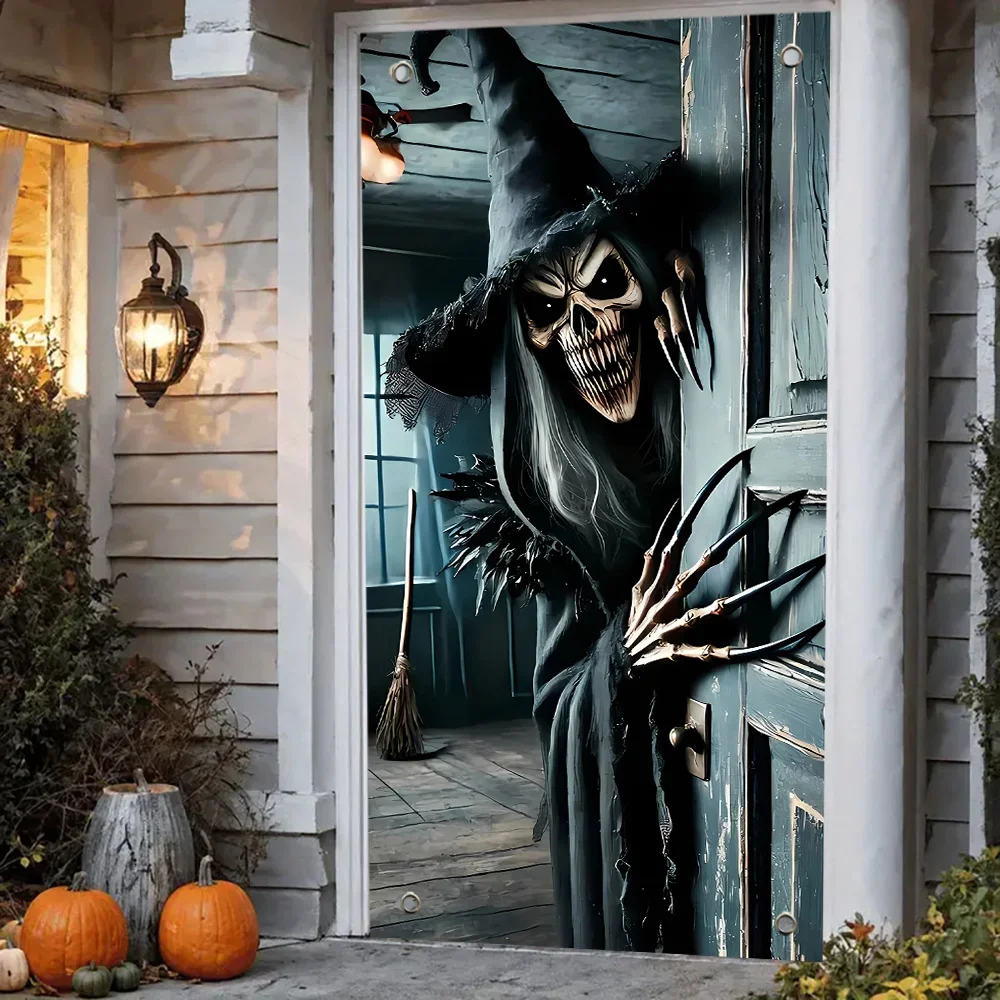 Einteilig, sofortige Lieferung, Halloween-Türdekoration, Polyester, gruseliger Totenkopf-Monster-Türöffnungsdruck, Partyhintergrund