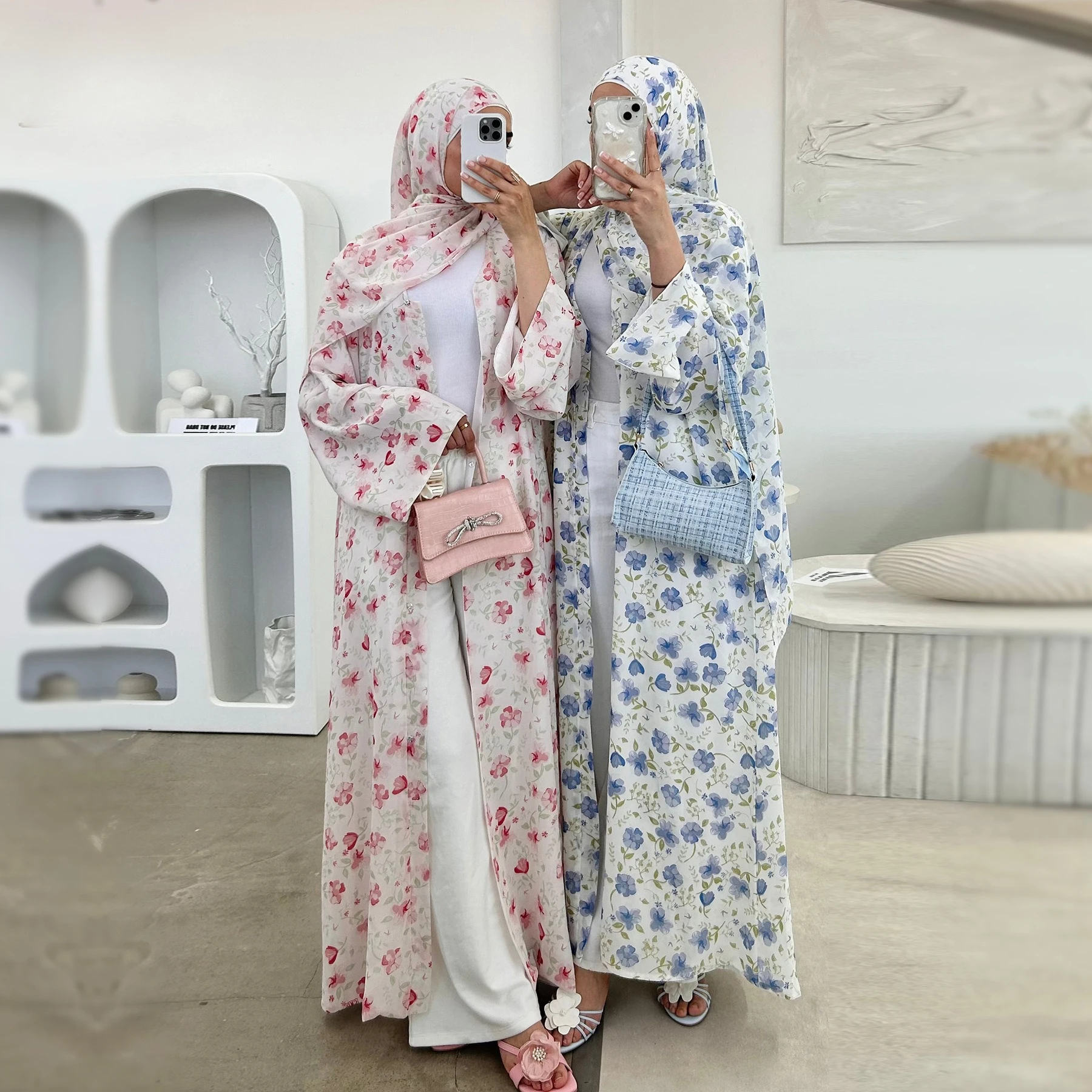 

Muslim Abaya Set Luxury EID Islamic Kimono Muslim Women Dress Floral Printed Chiffon Modest Gorgeous Dubai Abaya Dress Suit