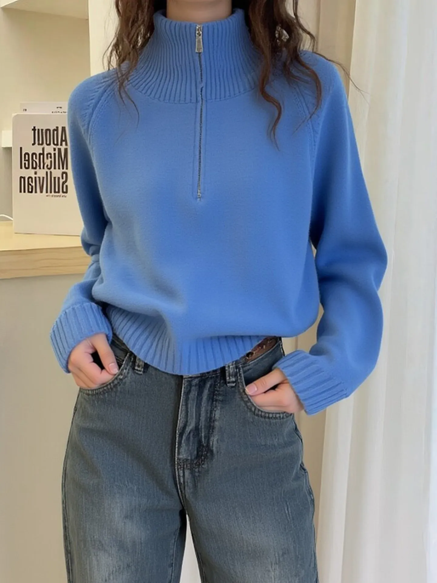 

Semi-zipper high-necked cashmere thick warm sweater skin-friendly winter long-sleeved sweater high sense