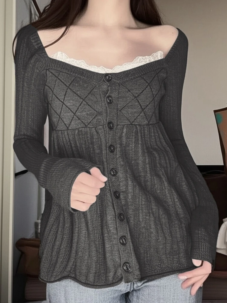 

Korobov Autumn Sweet U Neck Long Sleeve Lace Patchwork Slim Waist Single Breasted Knitted Pullover