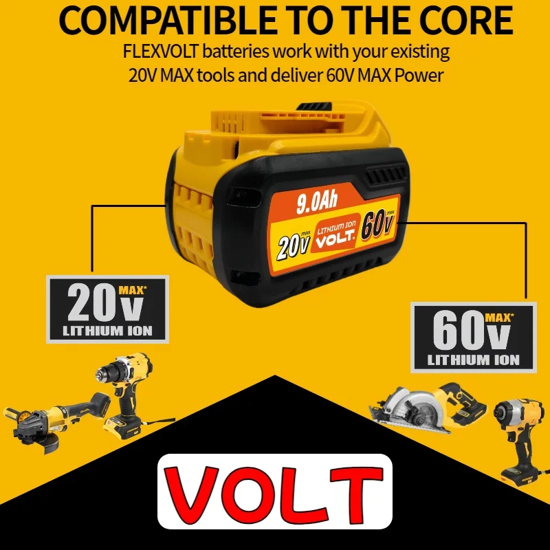 

60V/20V 9.0Ah & 12.0Ah Lithium-Ion Power Tool Battery - Compatible with Dewalt DCB609, DCB612, DCB606-2, DCB609-2