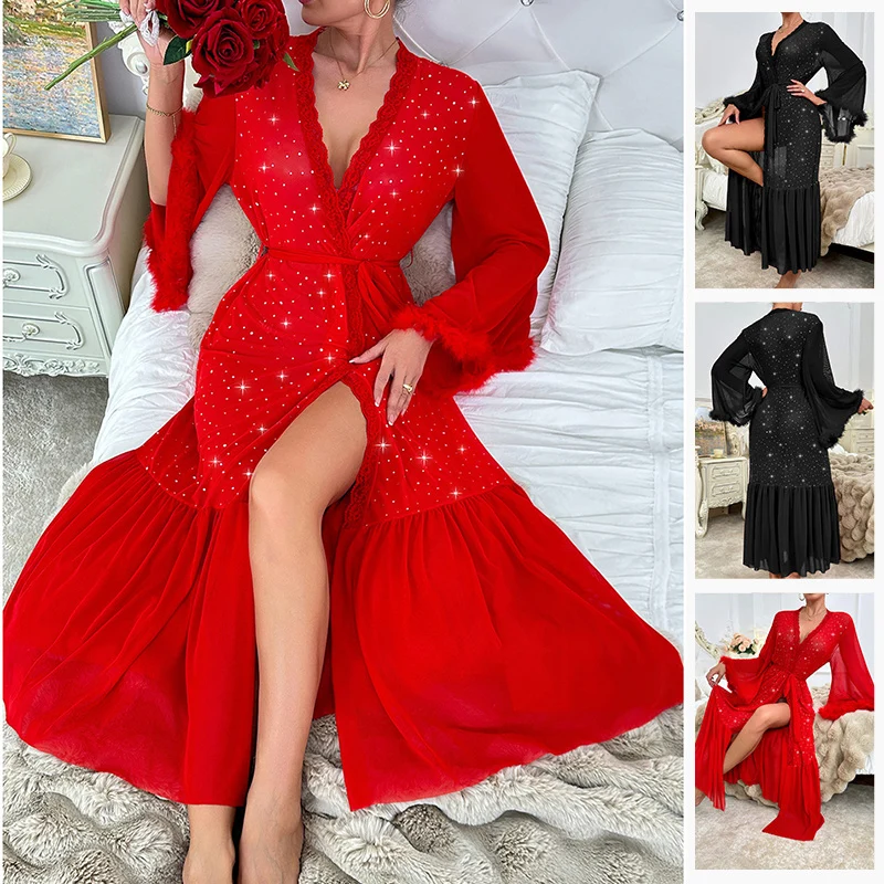 

Sexy V-neck Night Robe Women's Long Sleeved Plush Sequined Nightgown Home Wear Wedding Gifts for Women Long Shining Bathrobe