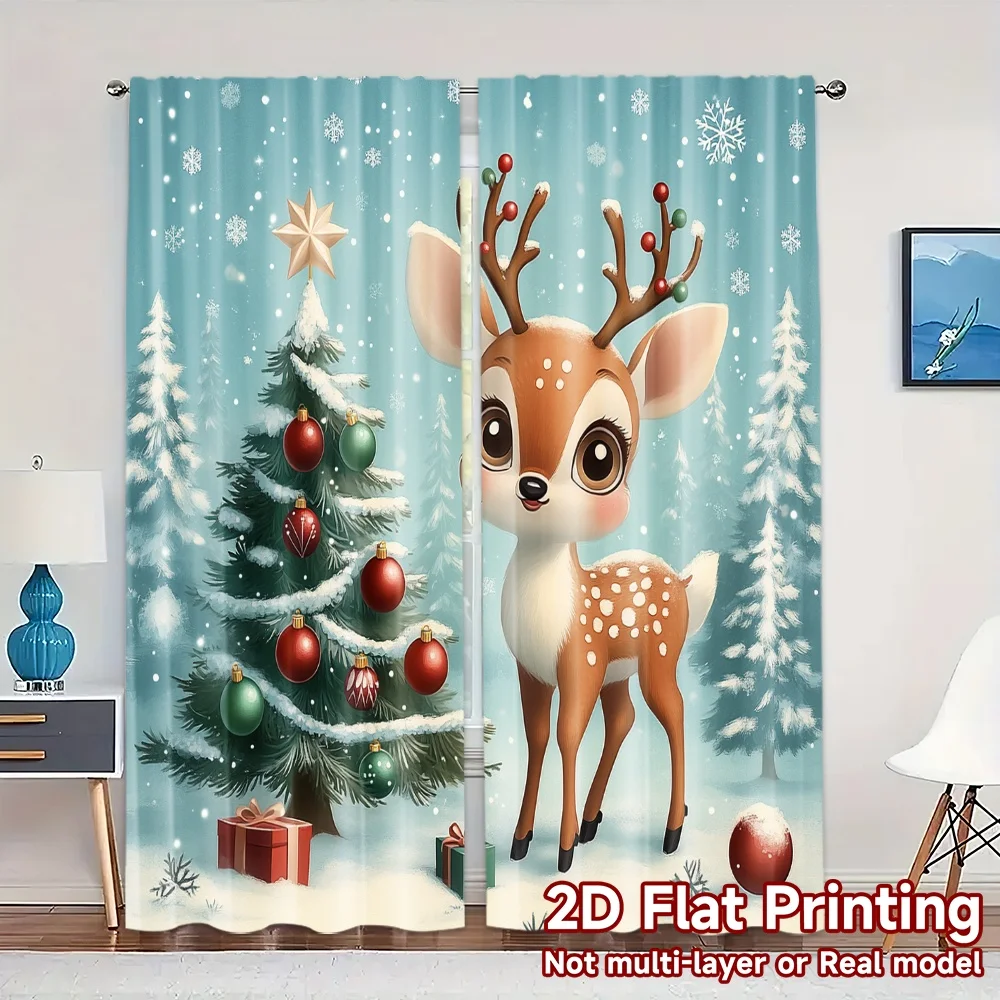 

2pcs,Curtains Cute Reindeer Christmas Tree Snow Chic Fashionable Curtains Versatile Polyester Curtains Versatile All Suitable
