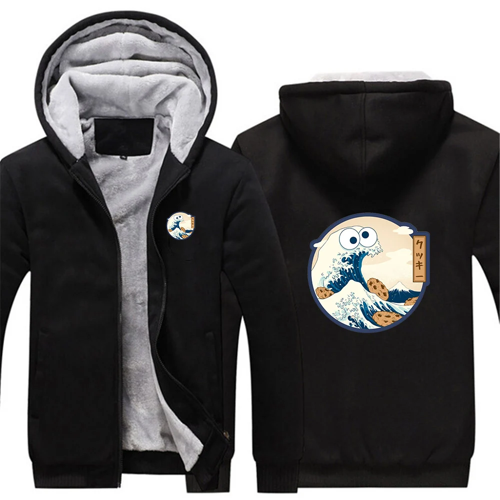 2025 Funny Waves Logo Print Autumn Winter Fleece Cotton Jacket for Men Warm Loose Thick Cotton Coat Cold Protection Hoodies