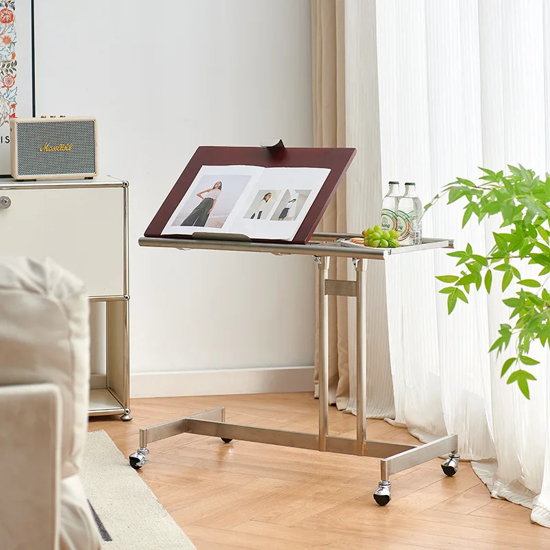 The solid wood sofa is next to the table and can be moved with a small cart