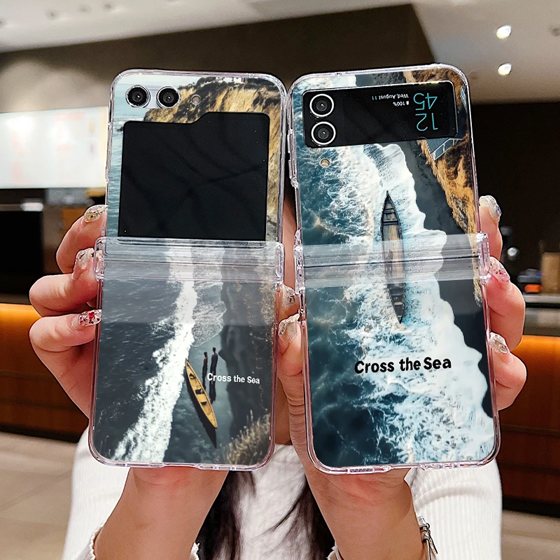 Hinged Coastline Sea Boat Print Case For Samsung Galaxy Z Flip6 Flip5 Flip4 Flip3 Capa Shockproof Clear Hard PC Folding Cover