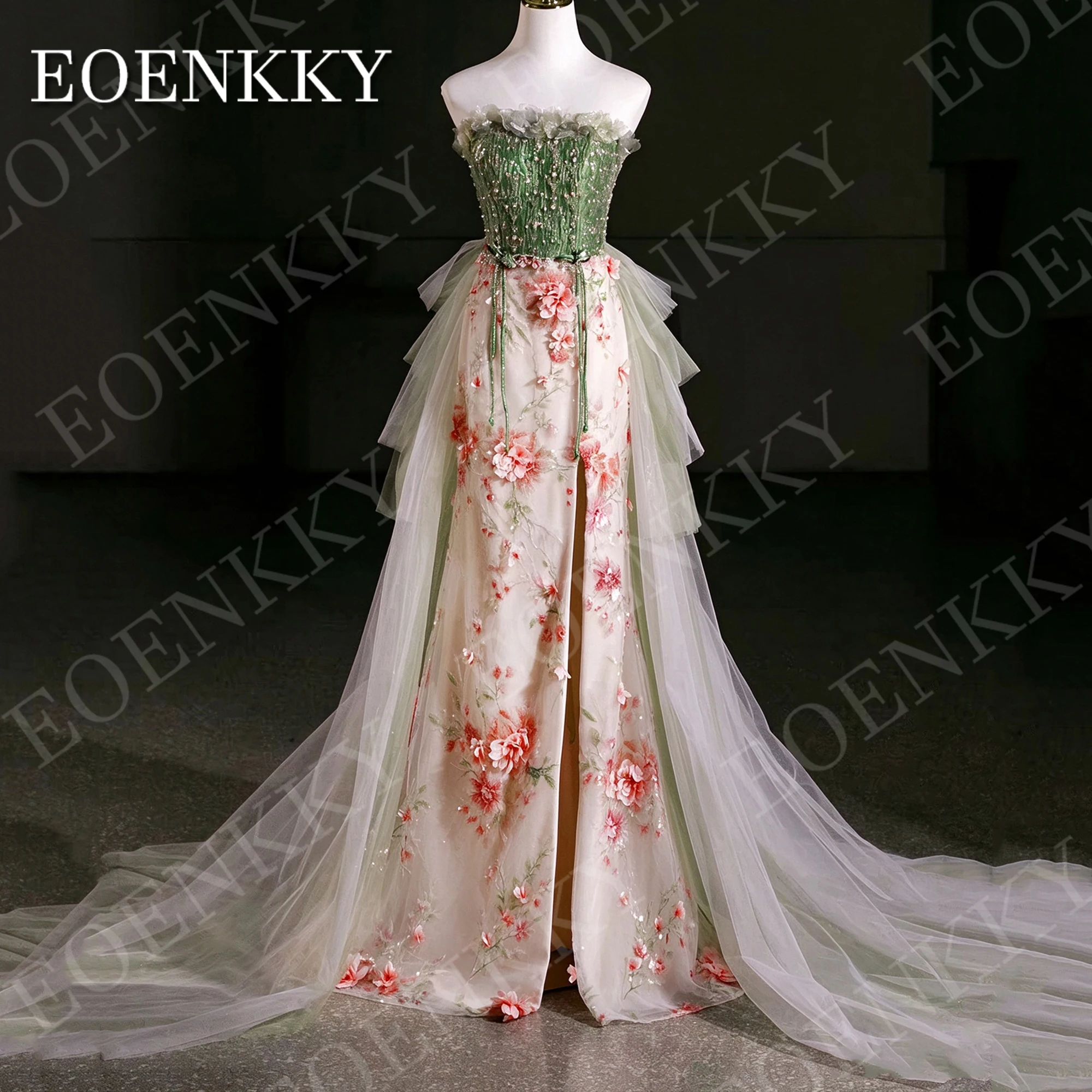 EOENKKY Prom Dress High Slit Luxury Beaded Strapless 3D Floral Romantic Mermaid Party Dresses Formal Detachable Train Customized