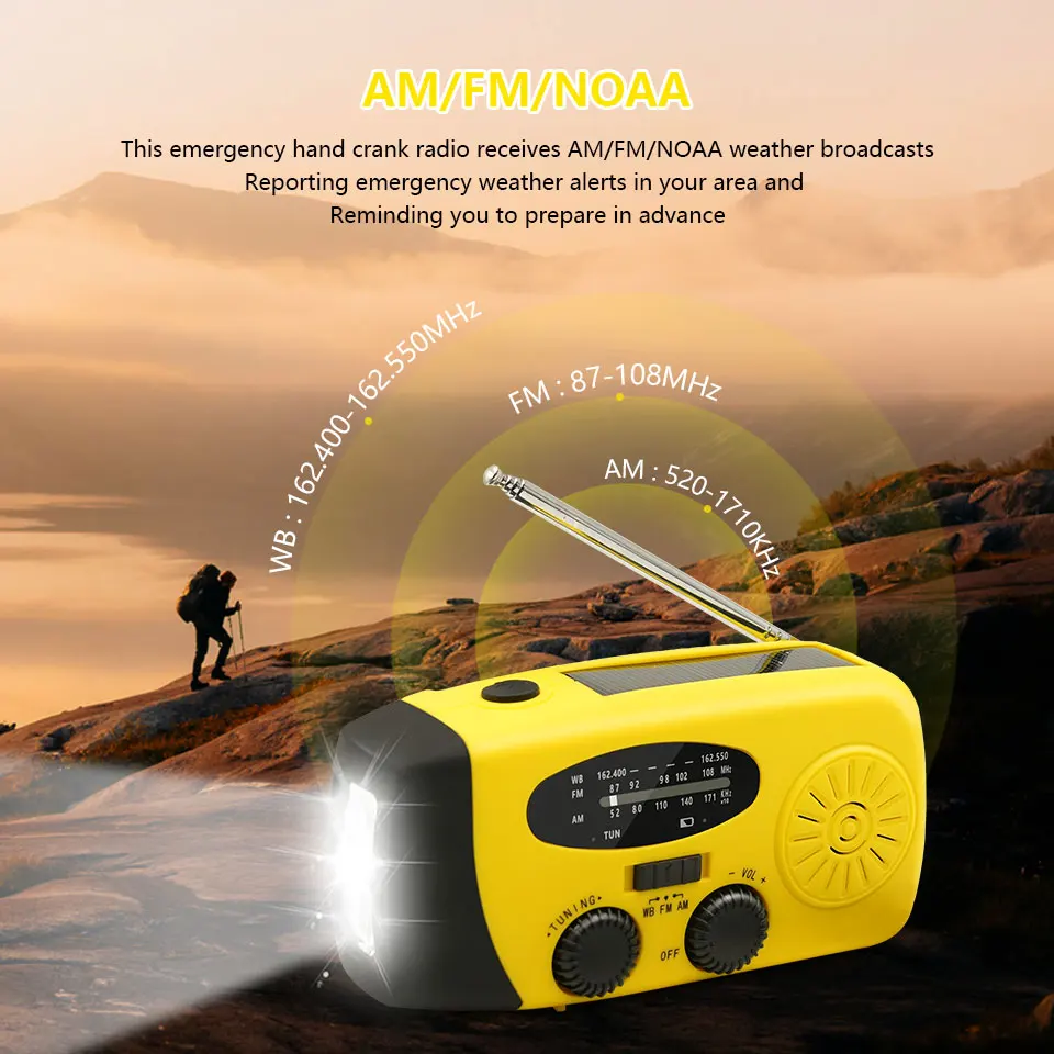 Emergency Portable Radio 2000mAh Solar Hand Crank Cell Phone Charger AM/FM Radio LED Flashlight Outdoor Indoor Light Night