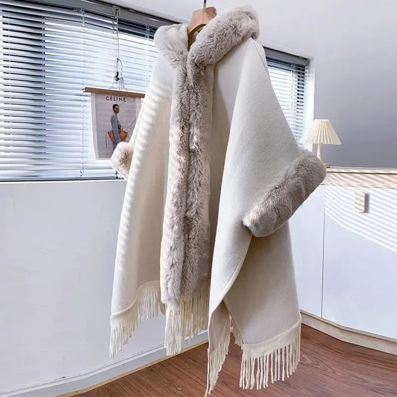 Womens Cloak  Chinese Furry Hooded Shawl for Winter