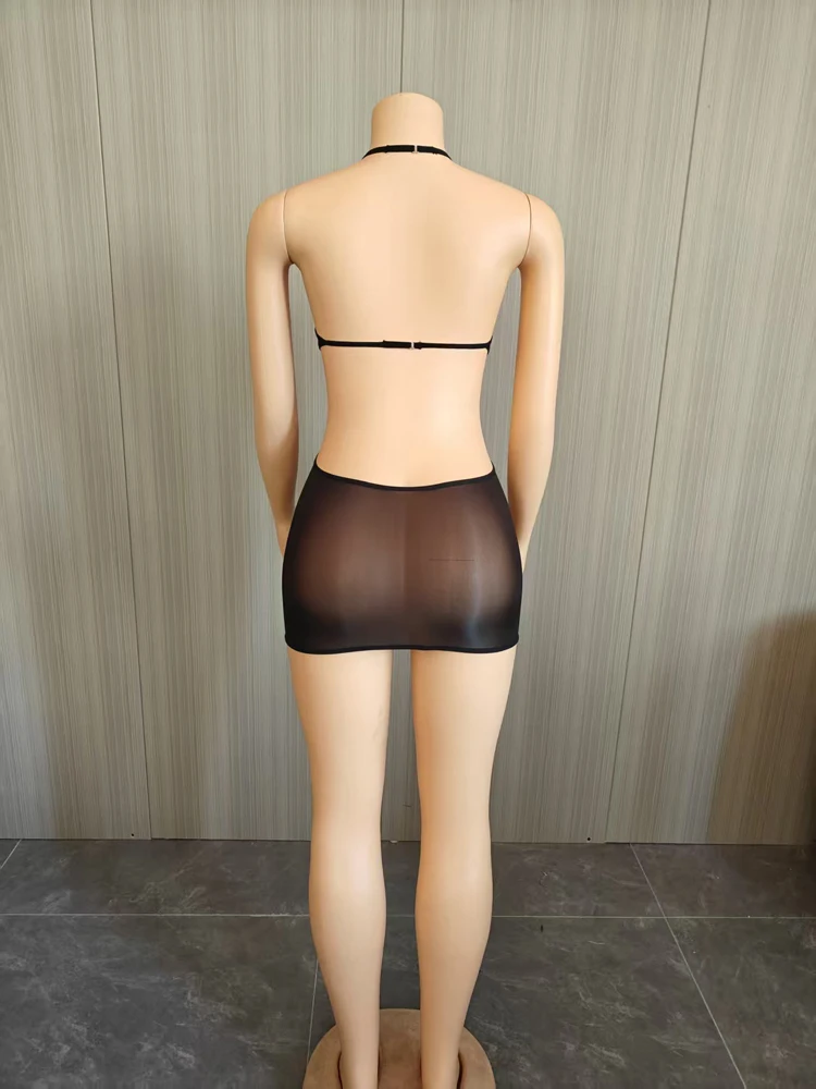 Sexy Neckholder-Minikleid aus Mesh für Damen, seitlich ausgeschnitten, durchsichtig, figurbetont, dehnbar, kurzes Kleid für Nachtclubs, Partys und Ausgehzwecke. – Detail 9