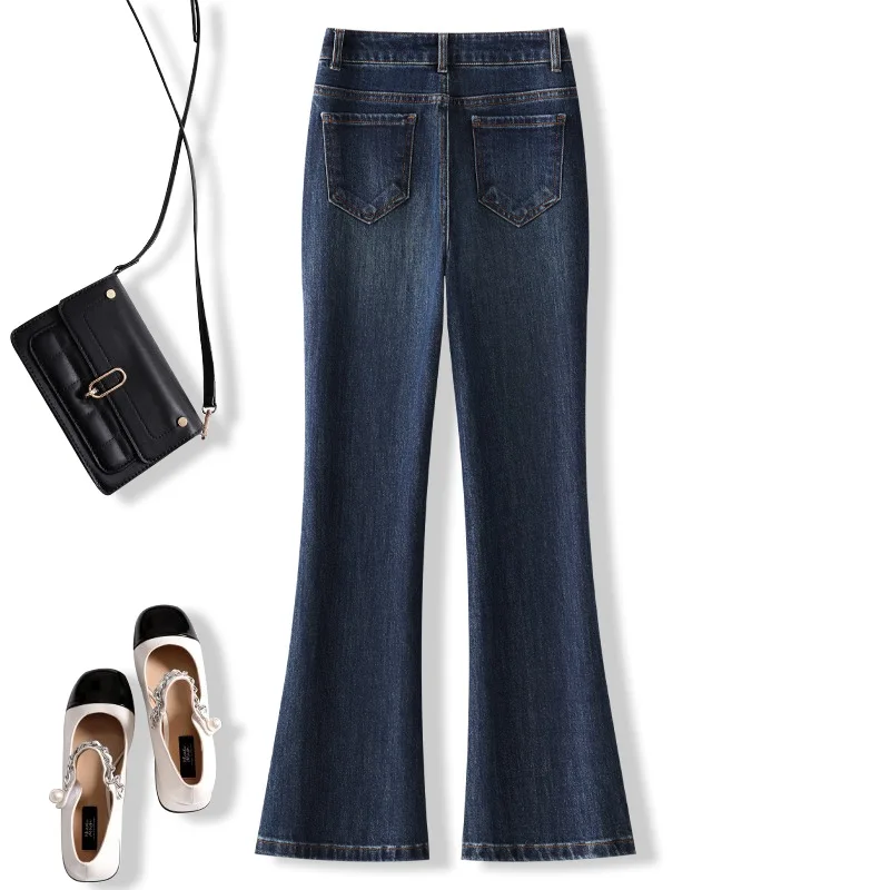 여성용 새 자수 플레어 진, 가을 하이웨이스트 슬리밍 롱 팬츠, 신축성 있는 슬림핏 머메이드 팬츠