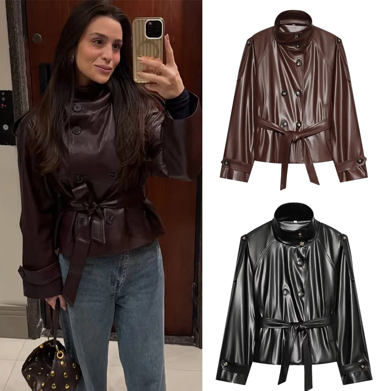 Women's Short Leather Effect Trench Coat, Lapel Double Breasted Windbreaker with Belt, Vintage Faux Leather Jacket