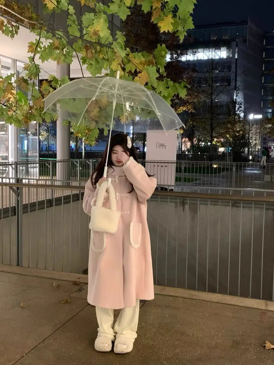 

Korean Style Pink Lamb Velvet Coat Women's Spring Autumn 2026 New Small Size Button Loose Woolen Coat with Hood for Young Women