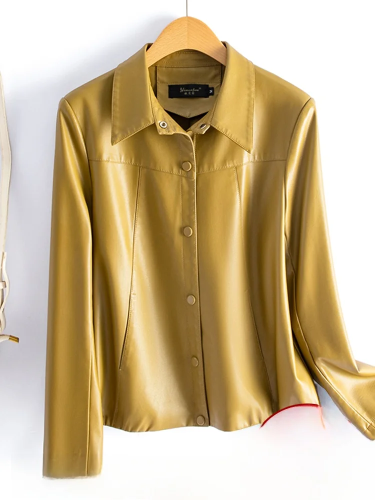 Giacca in Vera Pelle da Donna Primavera/Autunno, Slim Fit, Stile Motociclista alla Moda, Cappotto in Pelle di Pecora, Abbigliamento Esterno Femminile