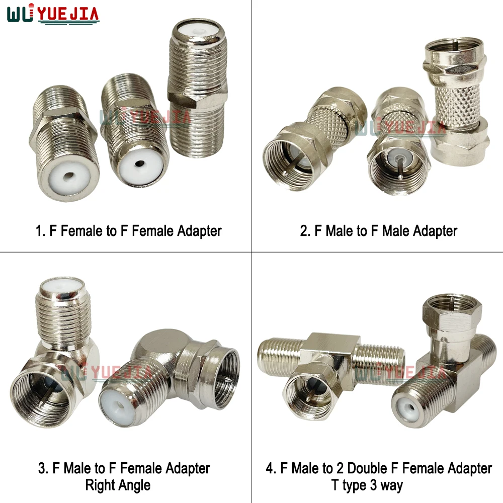 For Video And Data Transmission RF Coaxial Adapter F Male Plug to F Female Jack Straight 90° Right Angle T Type 3Way F Connector