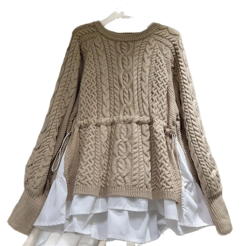 SuperAen تويست سترة الربط قميص المرأة تصميم وهمية قطعتين الخصر الرباط فضفاض البلوز محبوك سترة