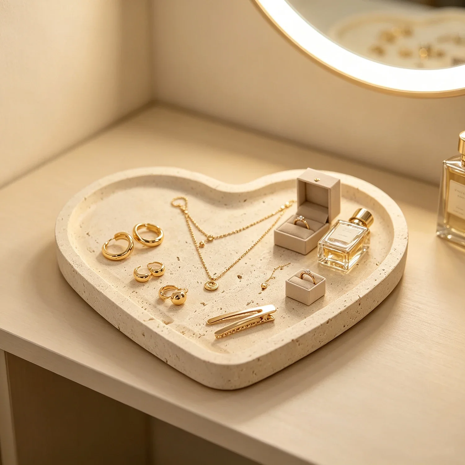 Heart‑Shaped Travertine Tray Natural Stone Decorative Tray Jewelry Perfume Organizer for Vanity Table Home Desktop Storage Tray