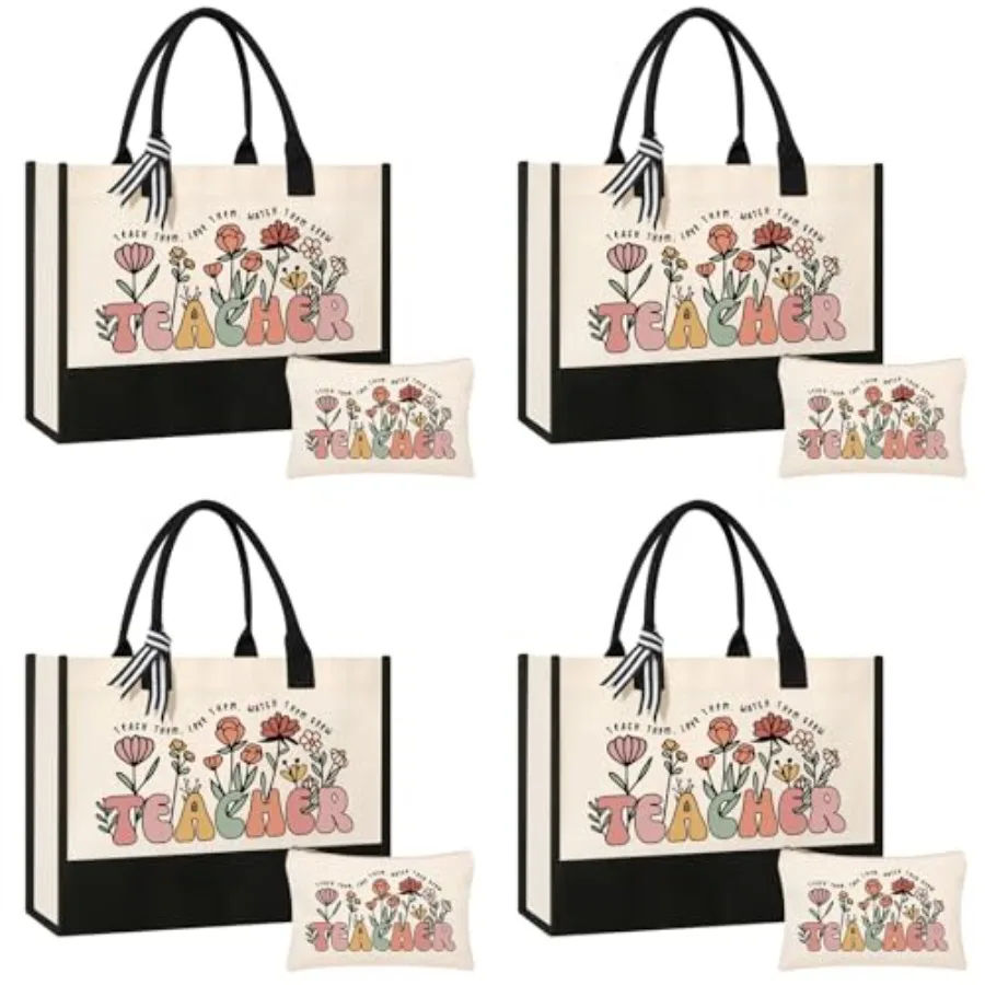 

Tecanne Teacher Appreciation Gifts Canvas Tote Bag and Makeup Bag Set for Women