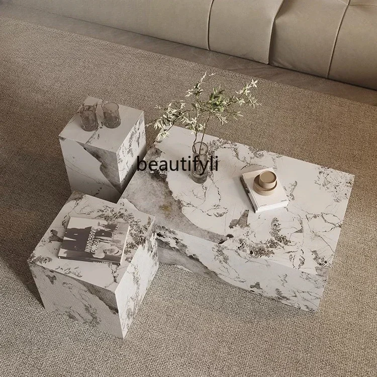 

Italian minimalist rock slab coffee table small apartment living room home light luxury modern high-end rectangular side tableAA