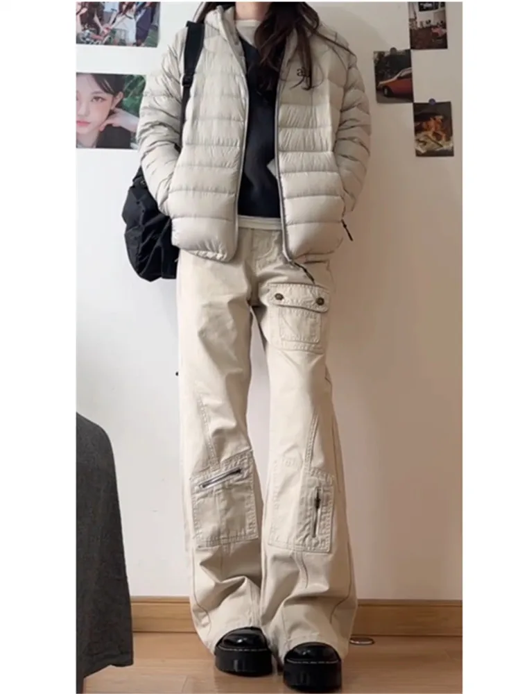 

Vintage High Waist Flared Jeans Women's Autumn Winter Long Tall Workwear Pants Deep Color Multi Pocket Loose Fit Zipper Closure