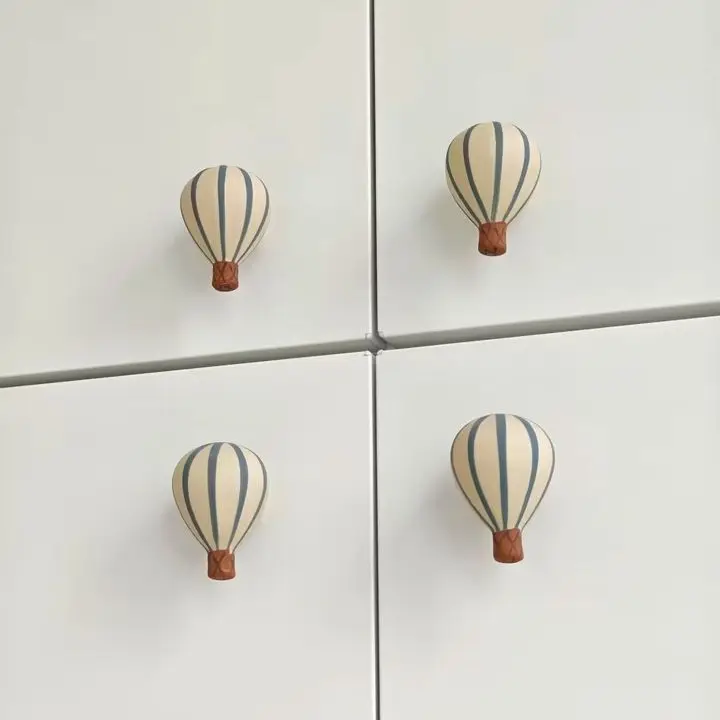 2Pcs Vintage Resin Drawer Knobs, Blue Stripe Hot Air Balloon Decorative Handles for Cabinets Dressers