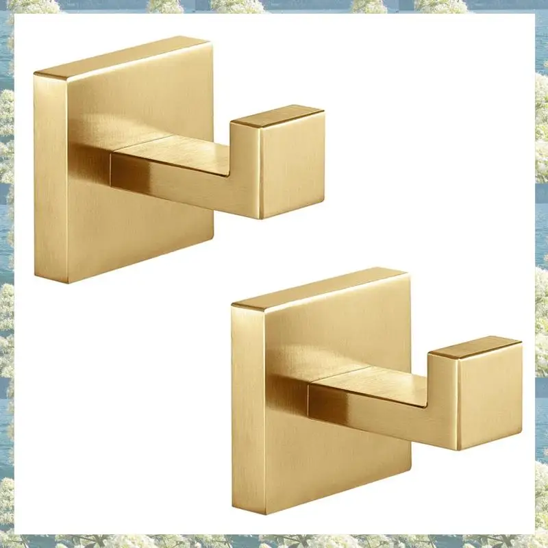 Lo mejor de 2025-2 uds. Ganchos para toallas, gancho para bata, gancho para abrigos, ganchos cuadrados resistentes de acero inoxidable dorado para baños, montado en la pared para baño