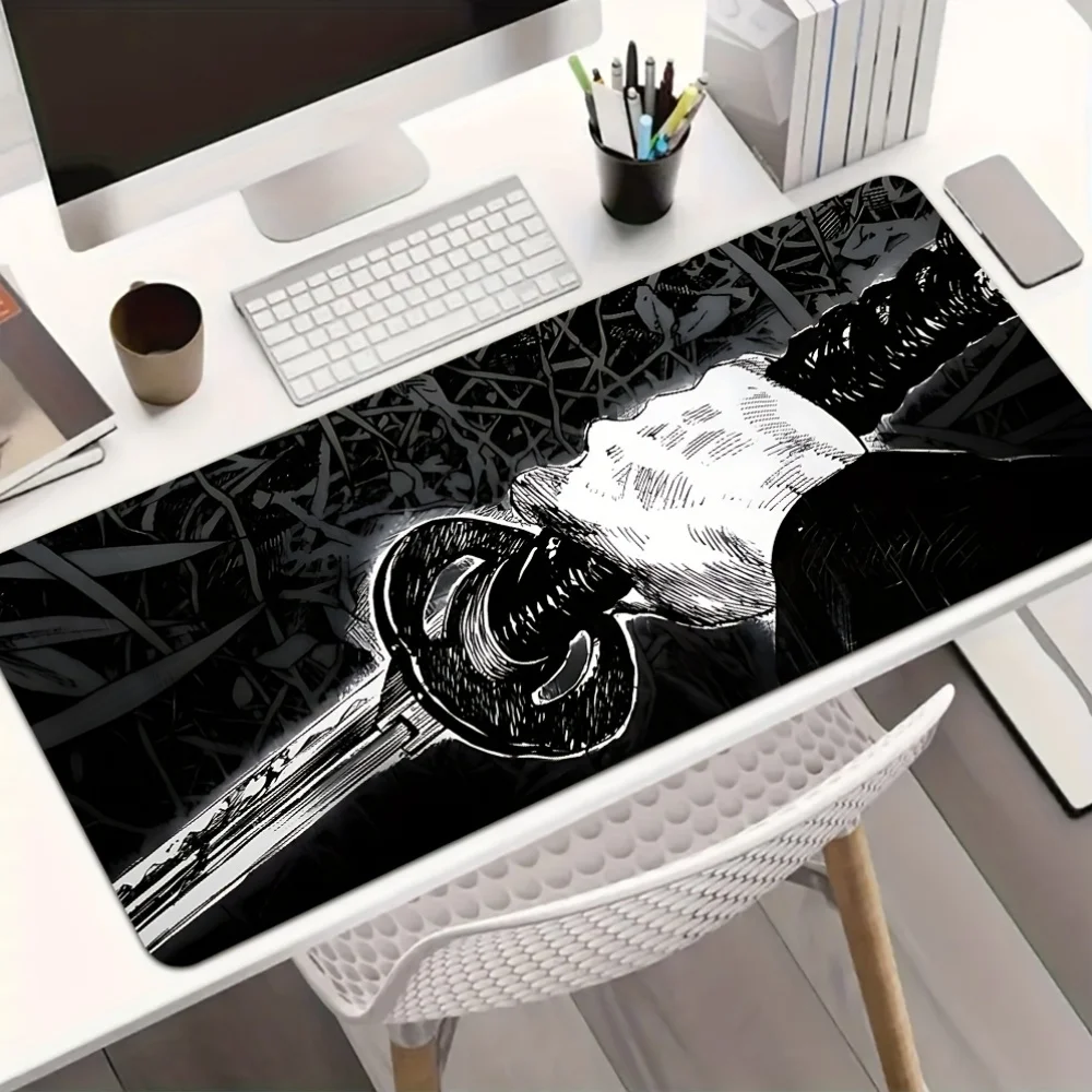 Gaming Mouse Pad,Desk Mat, Anti-slip, Stitched Edges, Black and White Samurai Sword Sketch Print, Keyboard Pad for Office Gaming