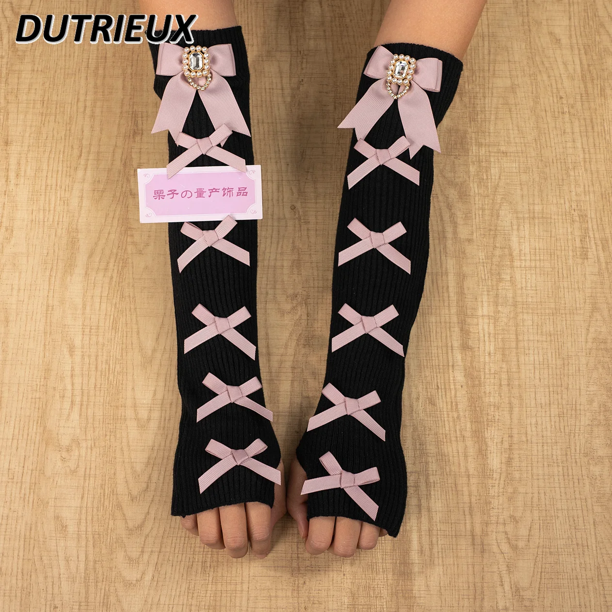 Japanese Style Mine Bow Sweet Half-finger Long Knitted Hand Sleeve Mass-produced Elastic Wool Gloves Half-sleeve Oversleeves