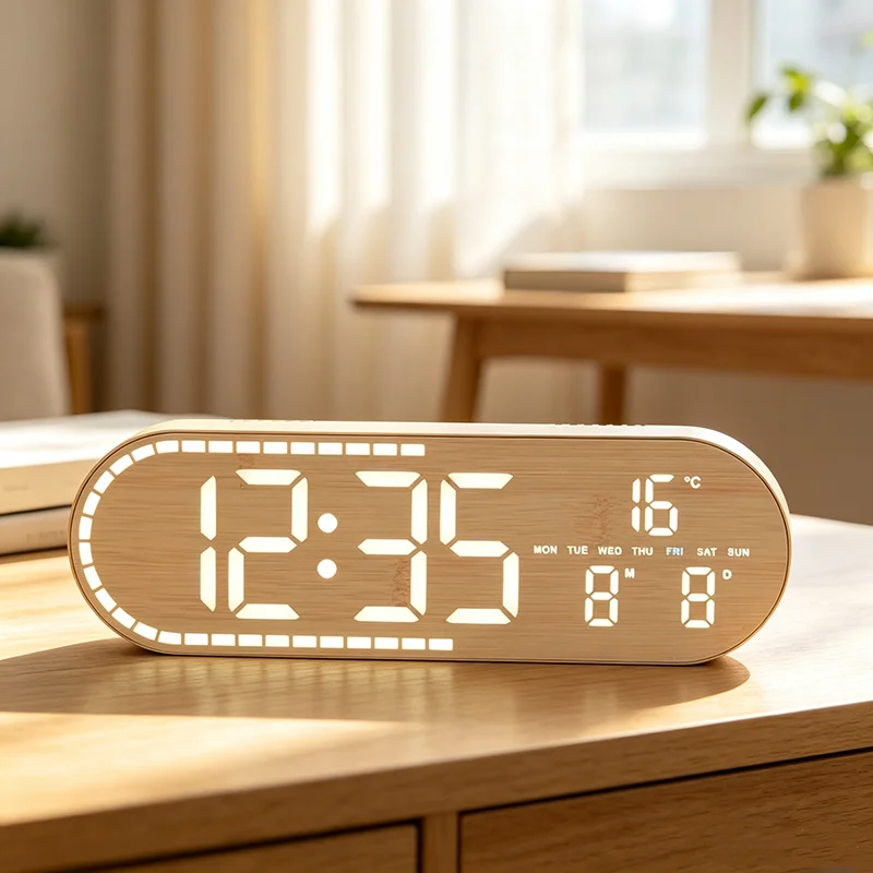 Digital LED Wall Clock Time/Week/TEMP/Humidity Display Dual Alarms Brightness Adjustment Alarm Clock Wood Style USB Powered