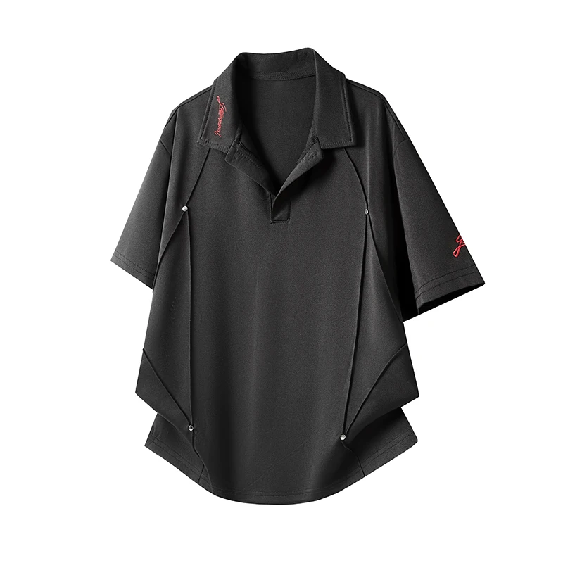 Men's Deconstructed Metal Studded Polo Shirt Embroidered Collar Loose-Fitting Oversized Street Style Casual Summer Shirt