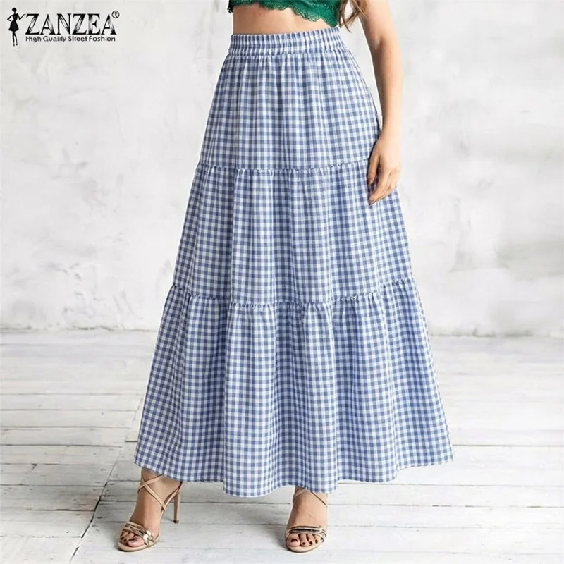 ZANZEA Spring Summer Plaid Long Skirts Women Jupes Stylish A-line Holiday Faldas Saia Casual Elastic Waist Baggy Work Skirt 2026