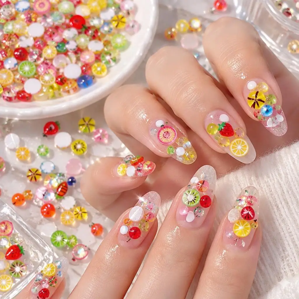 50Pcs Mini Fruit Slice Nail Charms 3D Resin Strawberry Lemon Kiwi Orange Apple Tomato Nails Decoration DIY Craft Manicure Supply