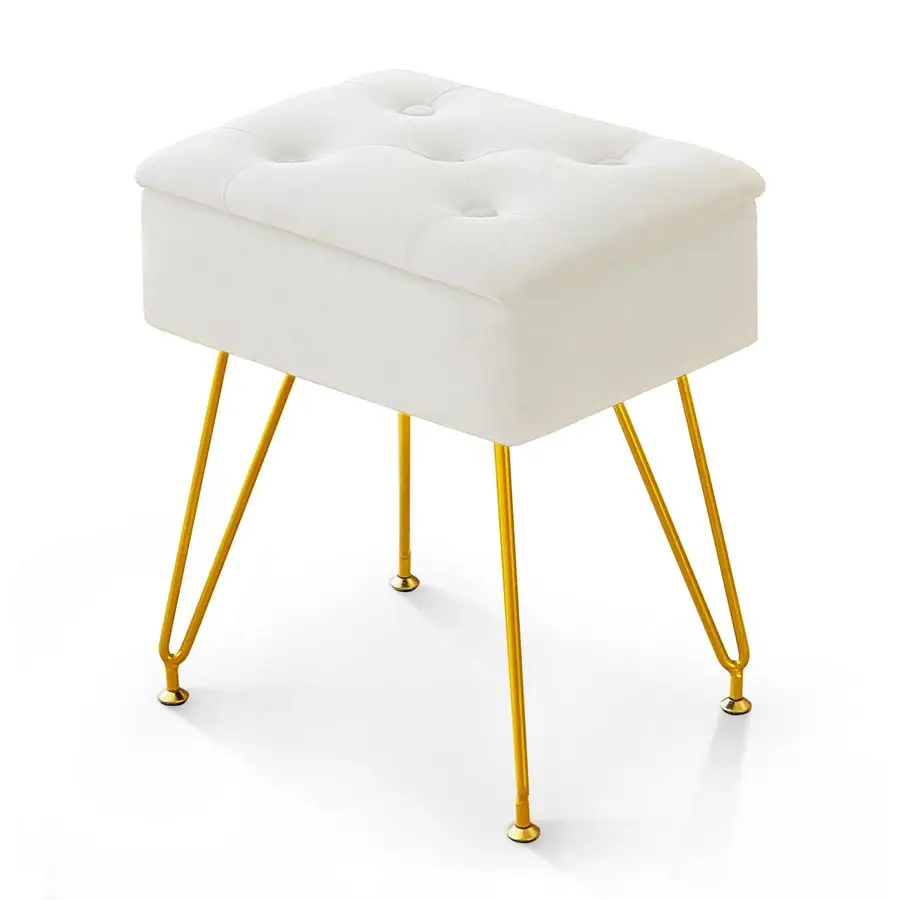 

Stool Chair with Storage, Square Velvet Makeup Vanity Chair with Metal Legs amp Adjustable Gold Feet, Flip Top Ottoman Foot Rest
