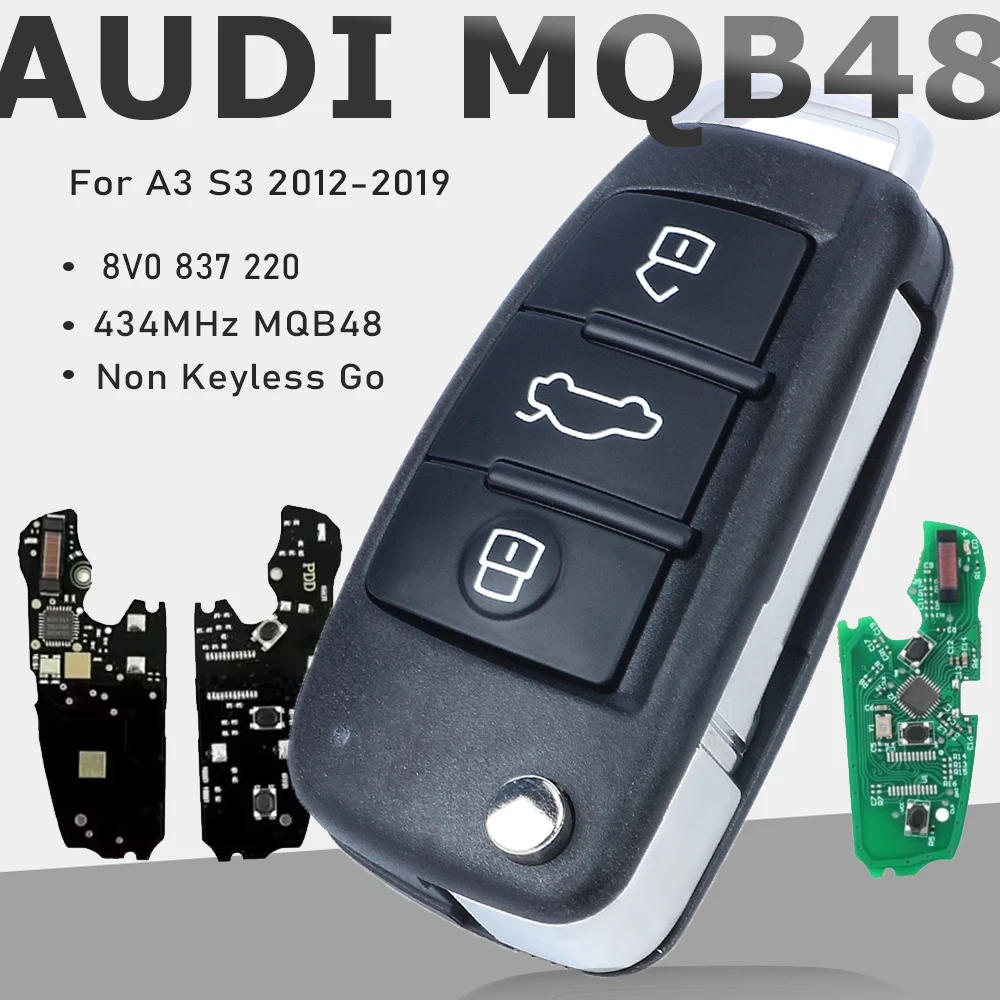 KEYECU OEM Board 8V0 837 220, 8V0837220 ASK 434MHz Megamos AES MQB 48 Flip Remote Car Key Fob for Audi A3 S3 2012-2019