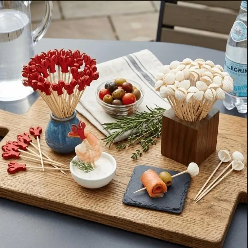 100 Stück 12cm Krabbenschalen-Bambus-Cocktailspießchen, Frucht-Cupcake-Aperitif-Topper, Hawaiianische Sommer-Strandparty-Zubehör – Detail 10
