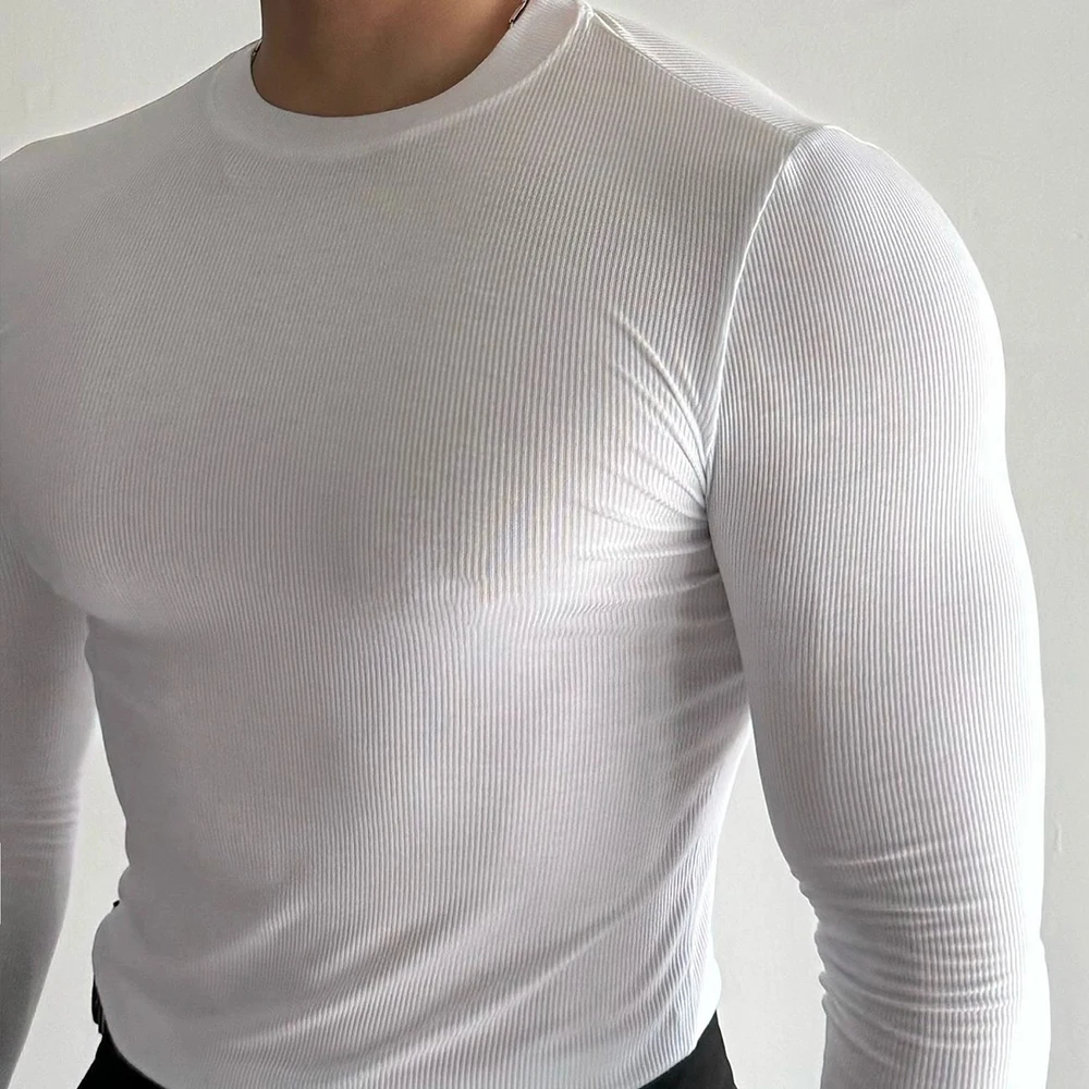 

Threaded Round Neck Gym Long-Sleeved T-Shirt Mens Autumn Fashion Bottoming Shirt Advanced Casual Slim Elastic Muscle Fitness Top