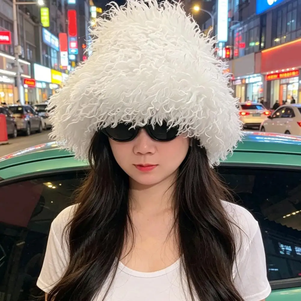 Women Curly Plush Hat, Fuzzy Winter Bucket Hat Scarf Set, Soft Fluffy Warm Mongolian Hat for Girls Cold Weather Headwear