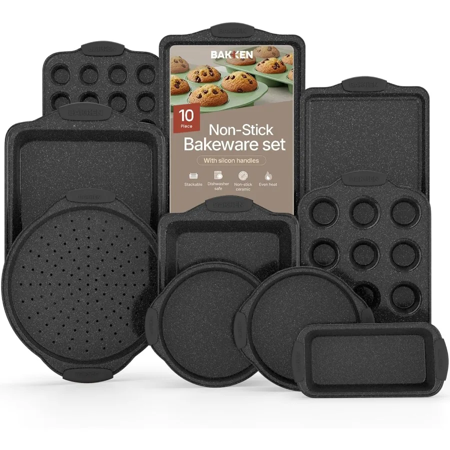 

Kitchen Baking Pan Set Nonstick Coating Carbon Steel Bakeware Sets with Gray Silicone Handles Baking Kitchen Essentials PFOA PF