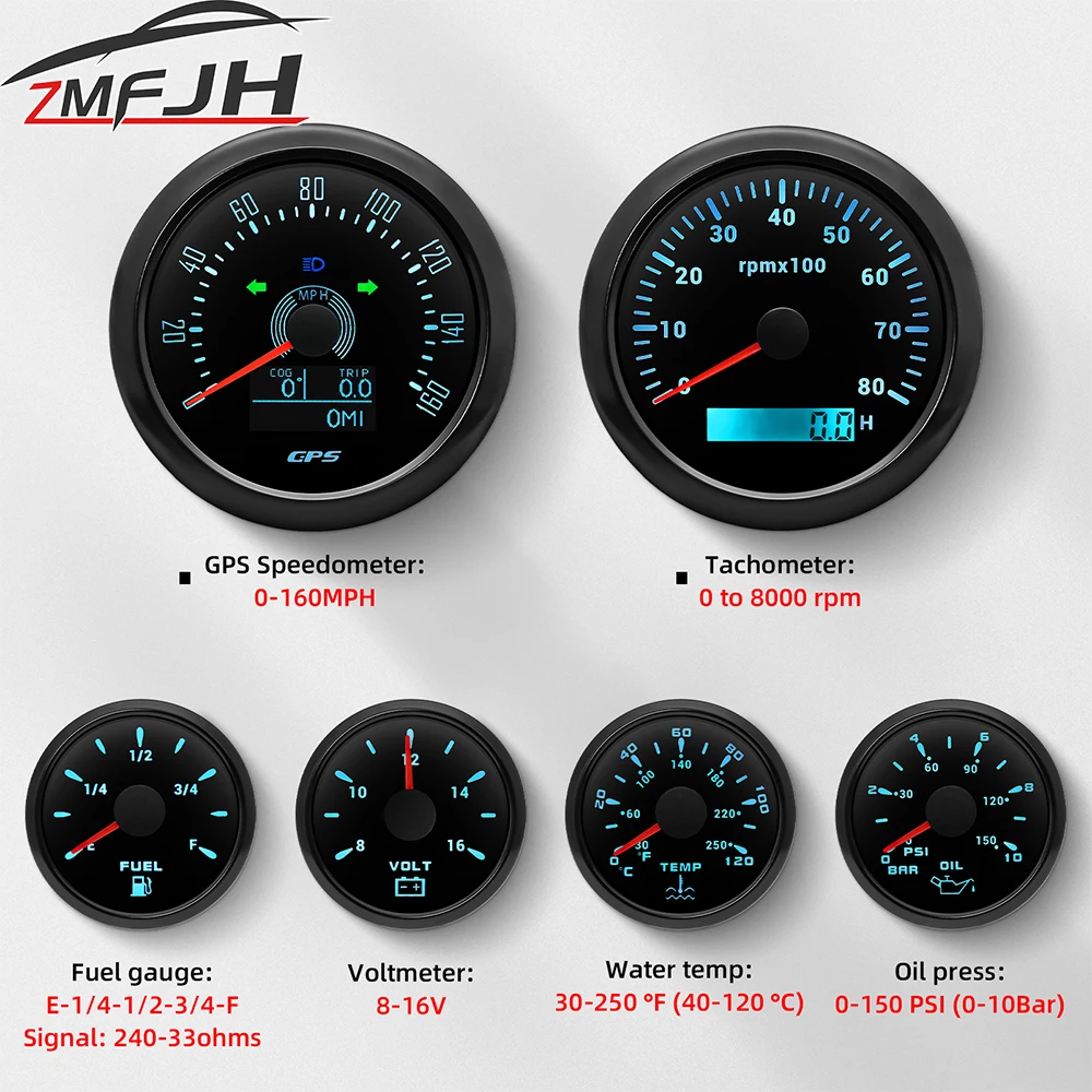 

Waterproof 6 Gauges GPS Speedometer Tachometer Fuel Level Meter Voltmeter Water Temperature Oil Pressure Meter 12V 24V