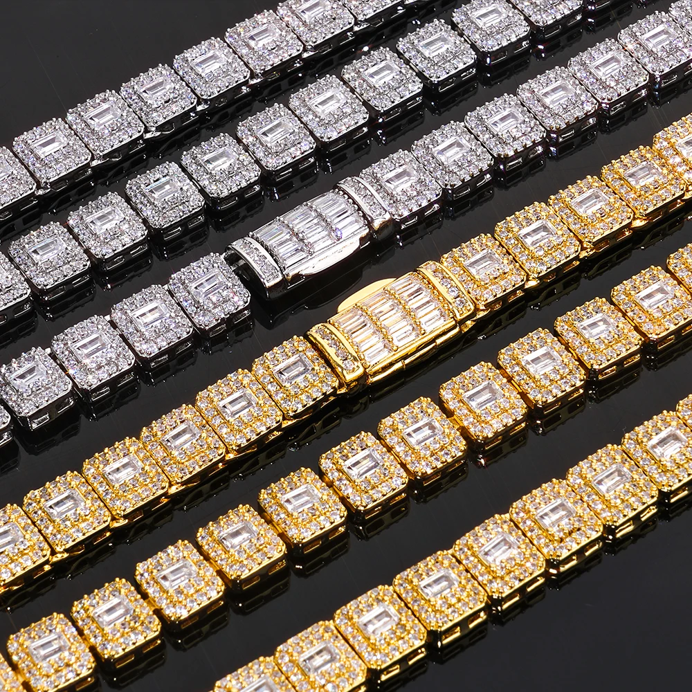 

NY Custom 7.5mm Square Clustered Tennis Chain Bling White Gold Plated Iced Out CZ Diamond Necklace Hip Hop Jewelry
