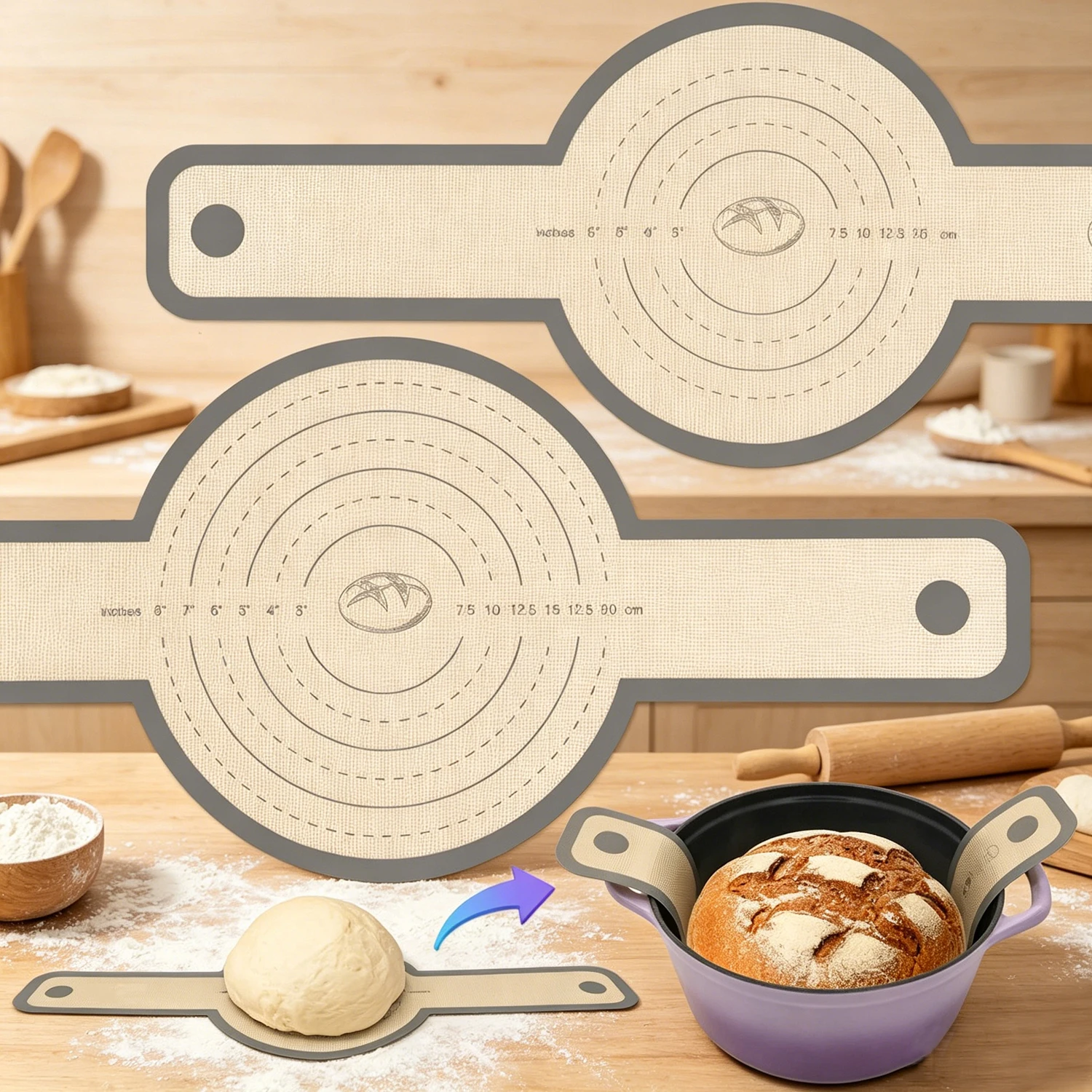 Silicone Bread Sling for Dutch Oven, Non-Stick Odorless Baking Mat with Long Handles, Reusable Sourdough Transfer Liner