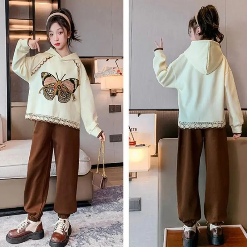 

Популярный кавайный модный пуловер с капюшоном для девочек, спортивные штаны, студенческие повседневные топы с героями мультфильмов, длинные штаны, комплект из 2 предметов, детская одежда, новинка