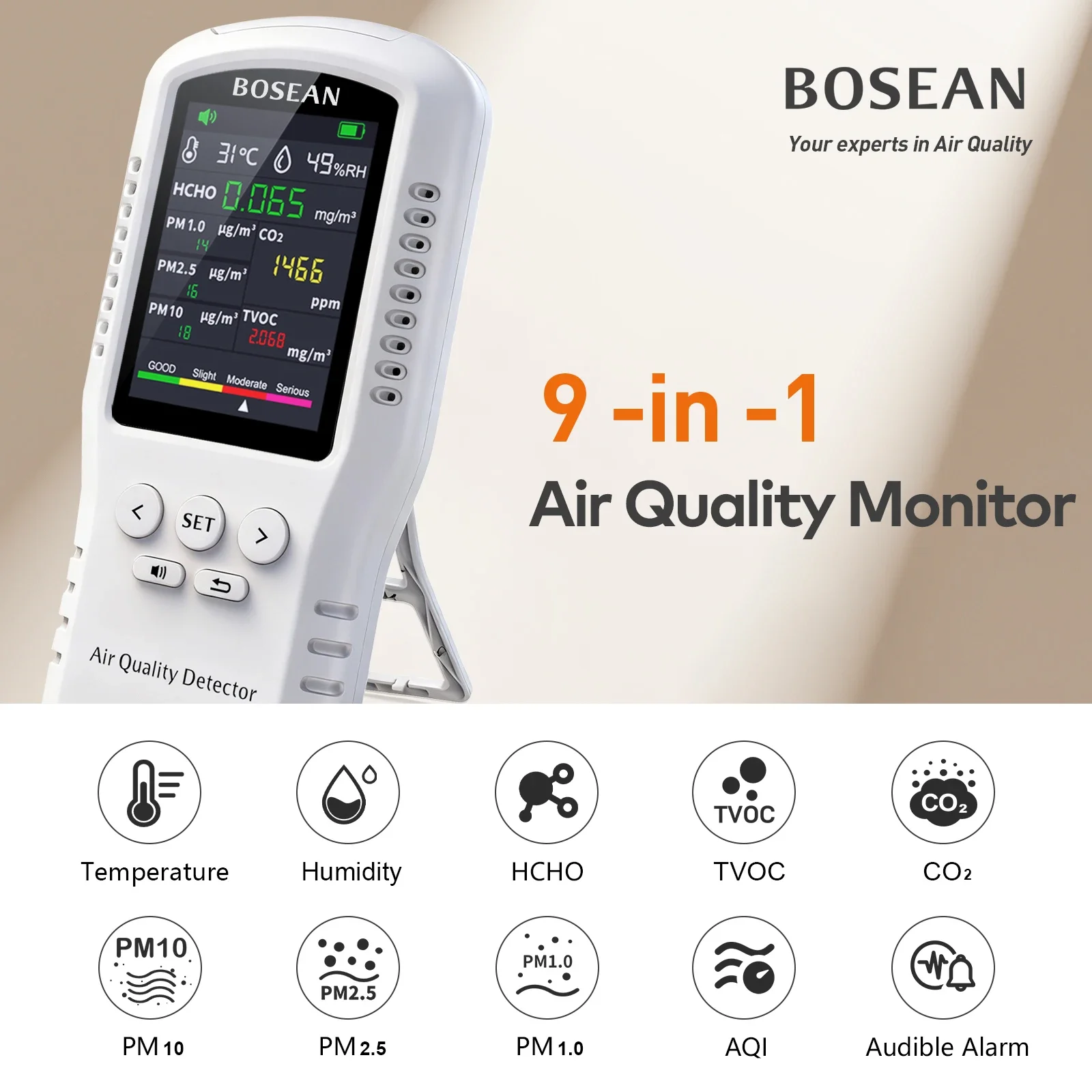 Portable 9 In 1 Air Quality Detector HCHO CO2 TVOC PM1.0 PM2.5 PM10 AQI Monitor Temperature Humidity Meter Indoor Gas Tester