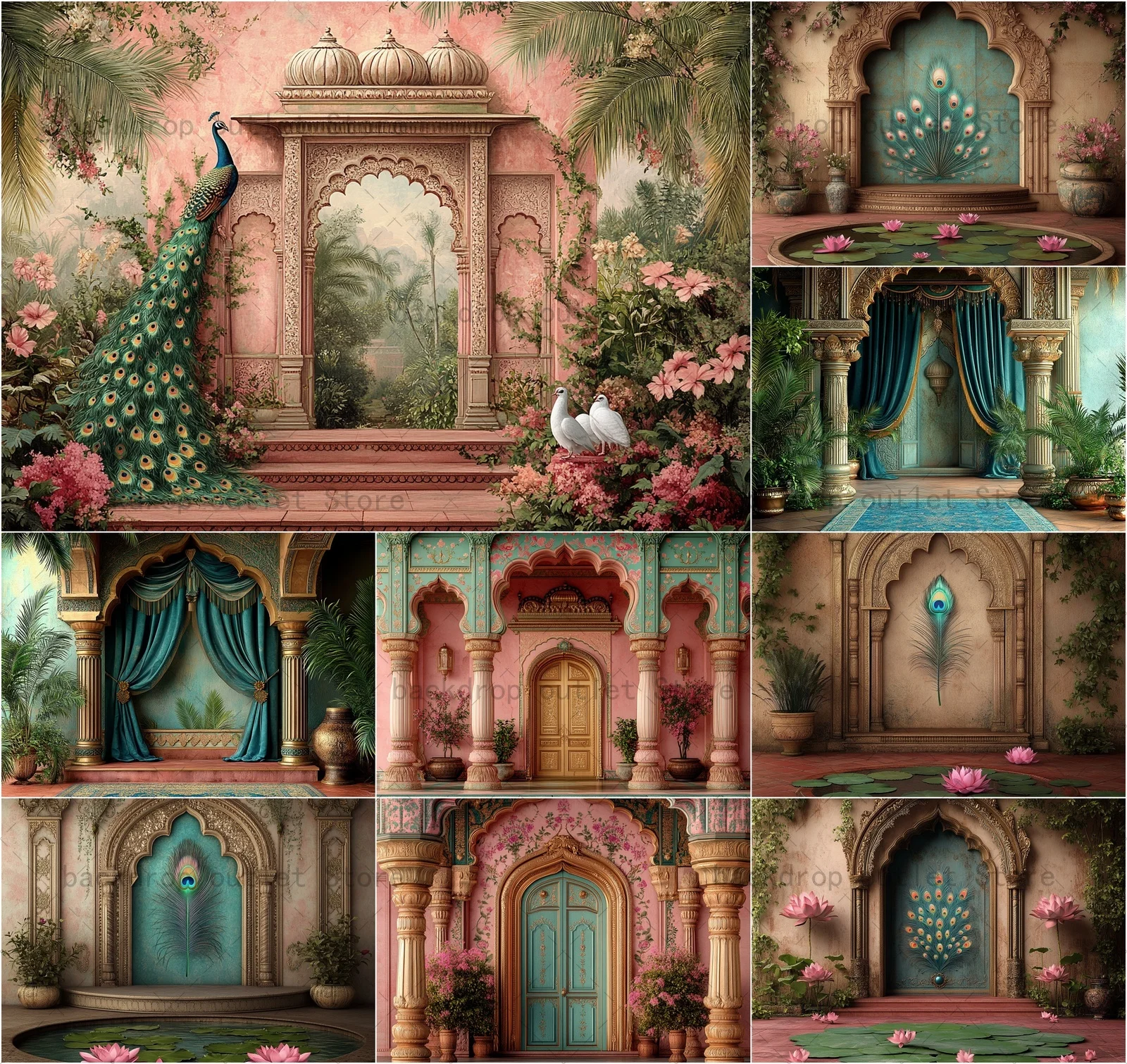 Mehofond Luxury Palace Arch Door Photography Backdrop Peacock Lotus Kids Adult Birthday Wedding Photo Background Decoration