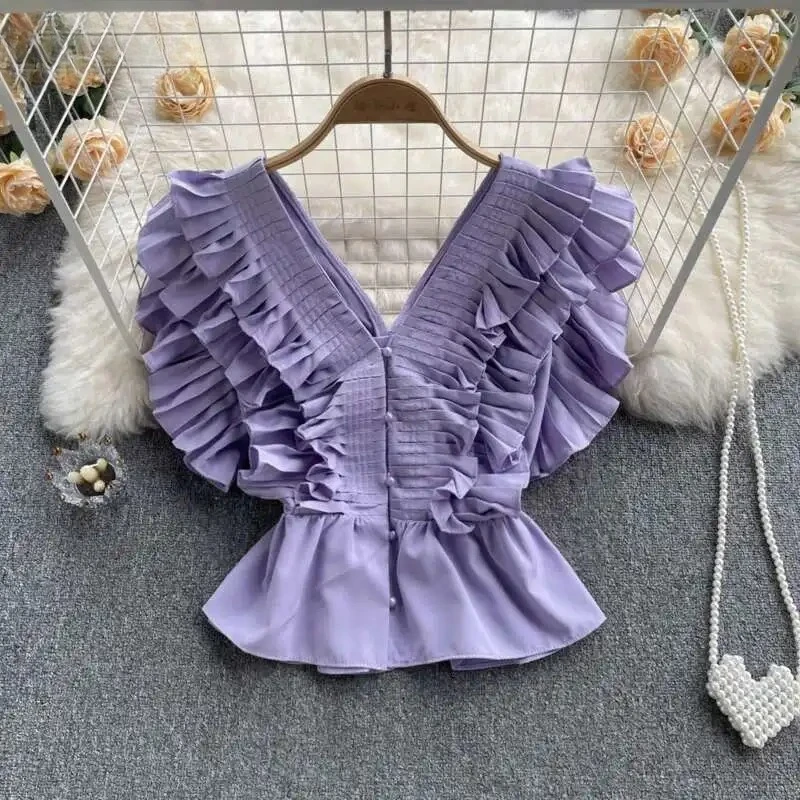 

Summer New Fashion Women Shirt V-neck Sleeveless Flounced Edge Gathered Waist Niche Design Shirts Female French Style Clothing