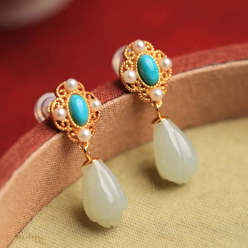 Natural Hetian jade orchid earrings for women Chinese style exquisite turquoise pearl classic charm Wedding jewelry