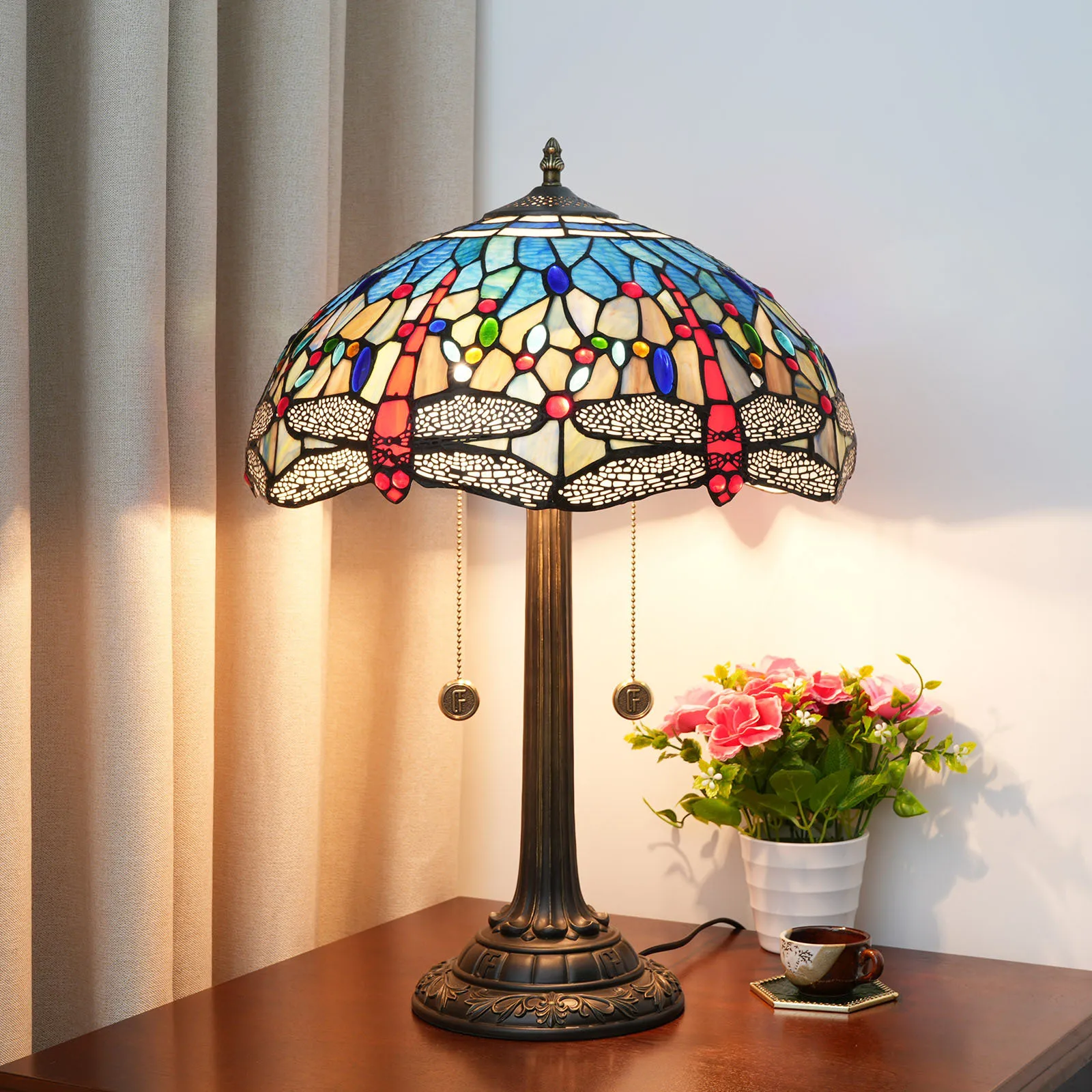 

Dia40cm Tiffany Stained Glass Desk Lamp American Country Blue Bottom Dragonfly Bedroom Bedside Table Lamp Home Office Light