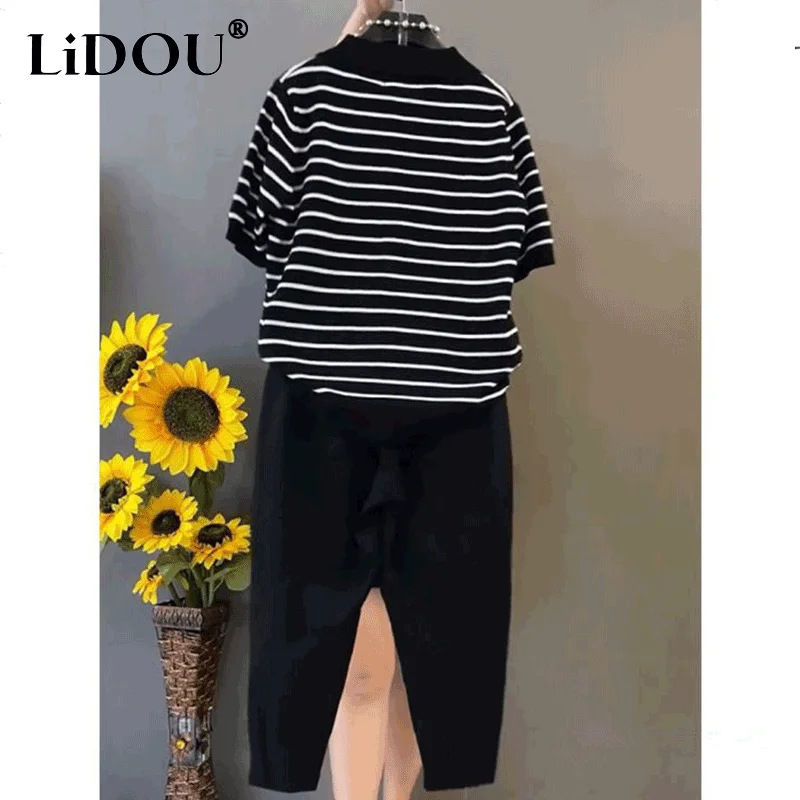 2023 Dignified Intellectual Harajuku Generous Sven Elegant Gentle Korean Fashion Vintage Pants Stripe White and Black Set Women