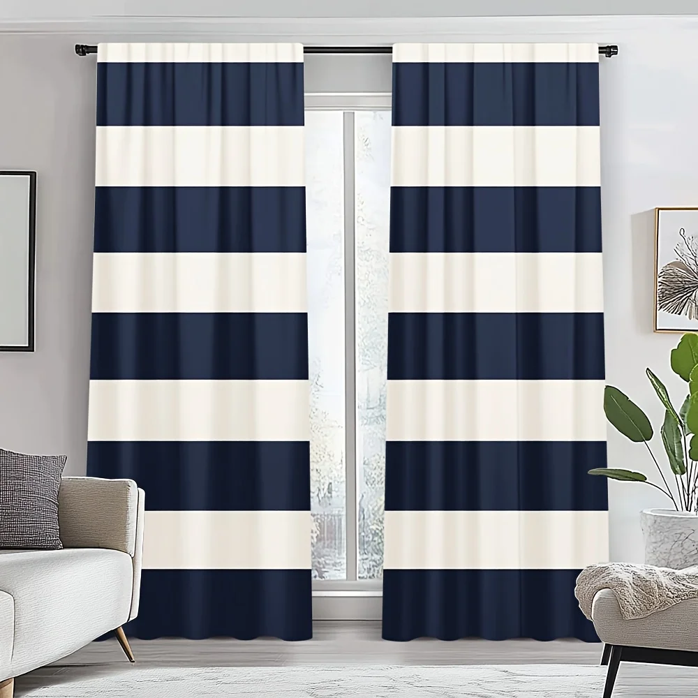 Marine stripe printed curtain, featuring blue and horizontal stripes, machine washable, suitable for living room bedroom kitchen