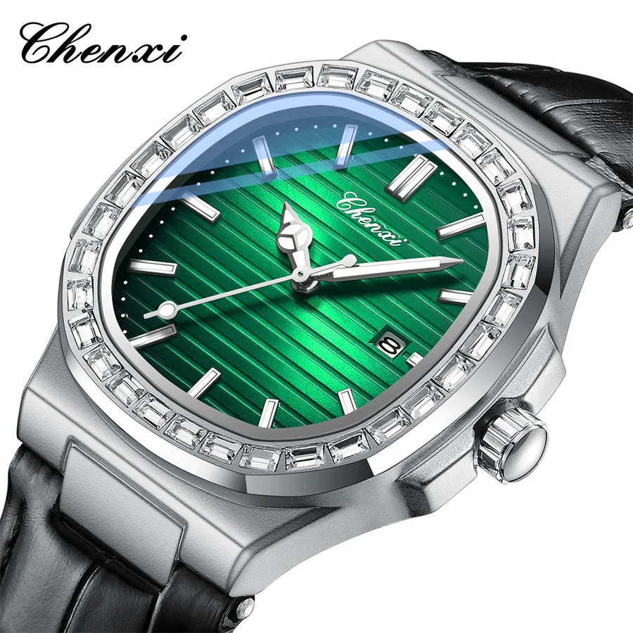Chenxi 8222S เพชรผู้ชายนาฬิกาควอตซ์หรูหรานาฬิกาข้อมือหนังกันน้ําวันที่ชายนาฬิกานาฬิกาของขวัญ